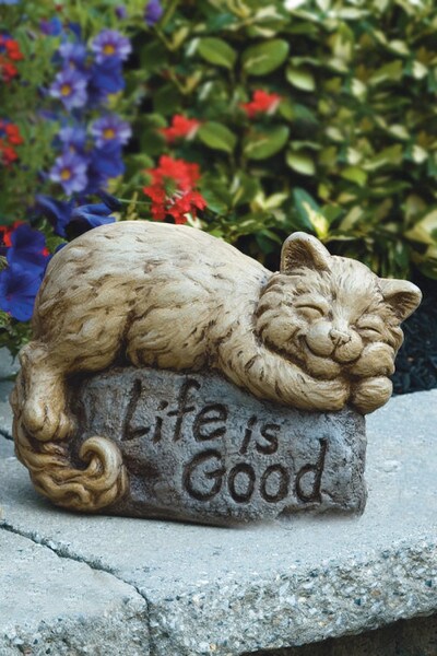 Life Is Good Louie Cat Garden Statue Fuzzy Kitten Cement Statuary